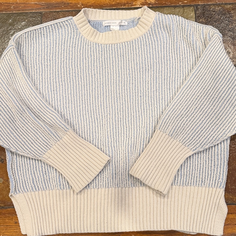 Altar'd State Cream and Blue Striped Crewneck Sweater